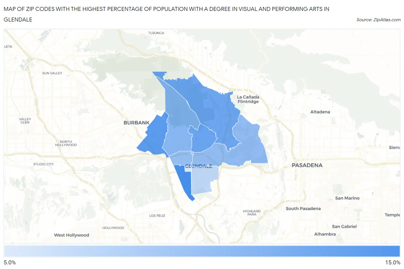 Zip Codes with the Highest Percentage of Population with a Degree in Visual and Performing Arts in Glendale Map