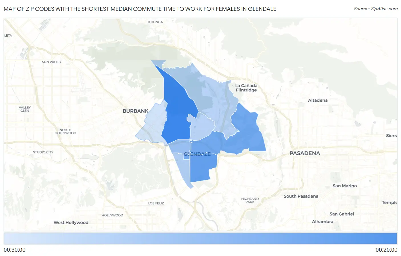 Zip Codes with the Shortest Median Commute Time to Work for Females in Glendale Map
