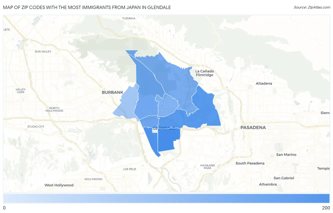 Zip Codes with the Most Immigrants from Japan in Glendale Map