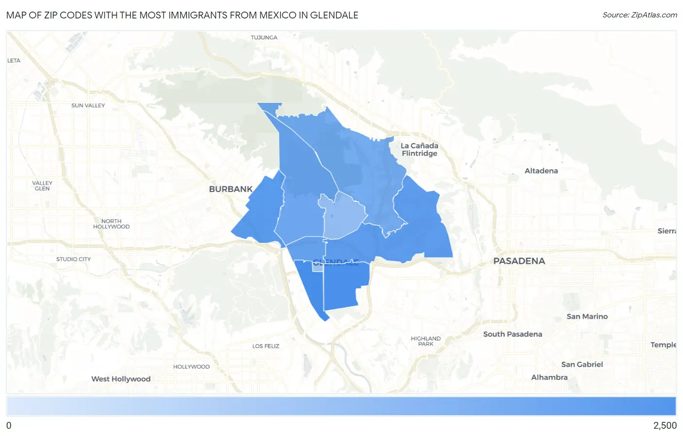 Zip Codes with the Most Immigrants from Mexico in Glendale Map