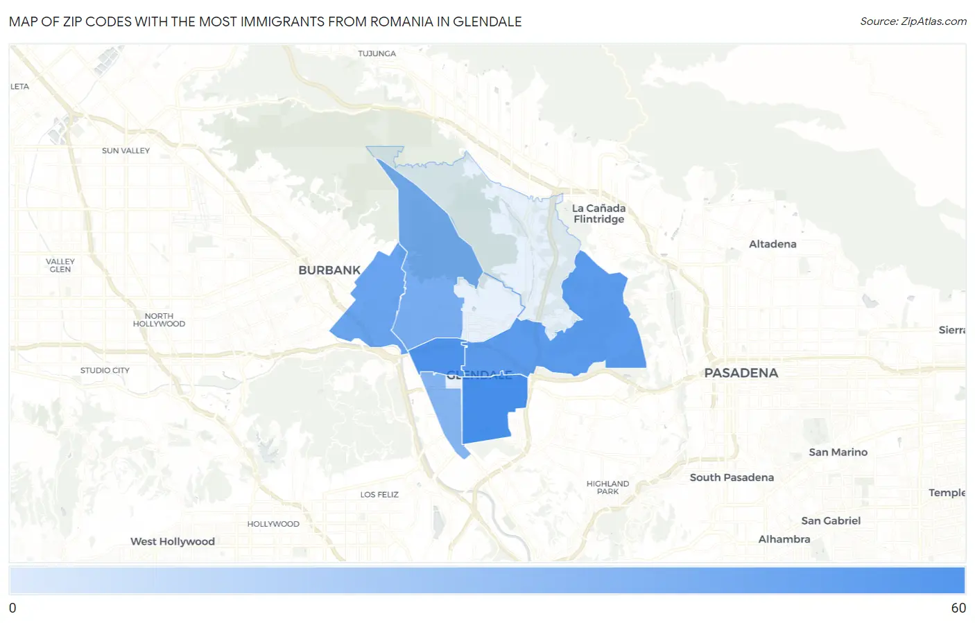 Zip Codes with the Most Immigrants from Romania in Glendale Map