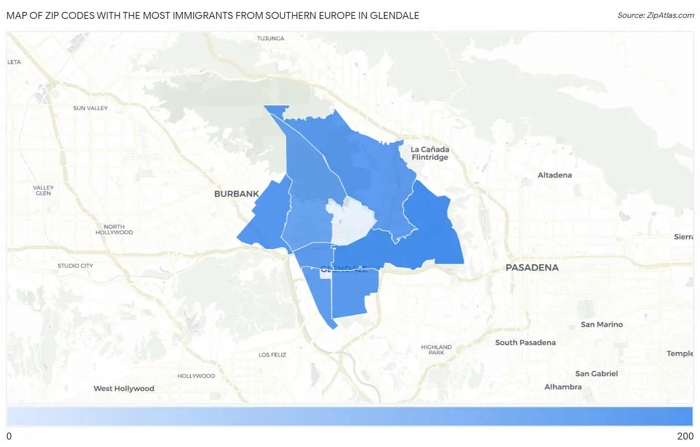 Zip Codes with the Most Immigrants from Southern Europe in Glendale Map