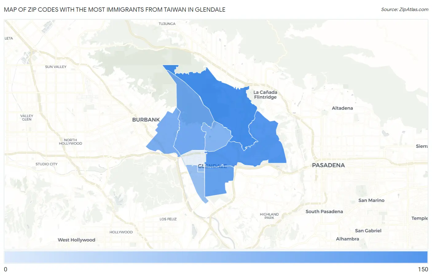 Zip Codes with the Most Immigrants from Taiwan in Glendale Map