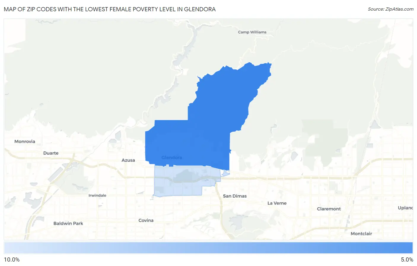 Zip Codes with the Lowest Female Poverty Level in Glendora Map