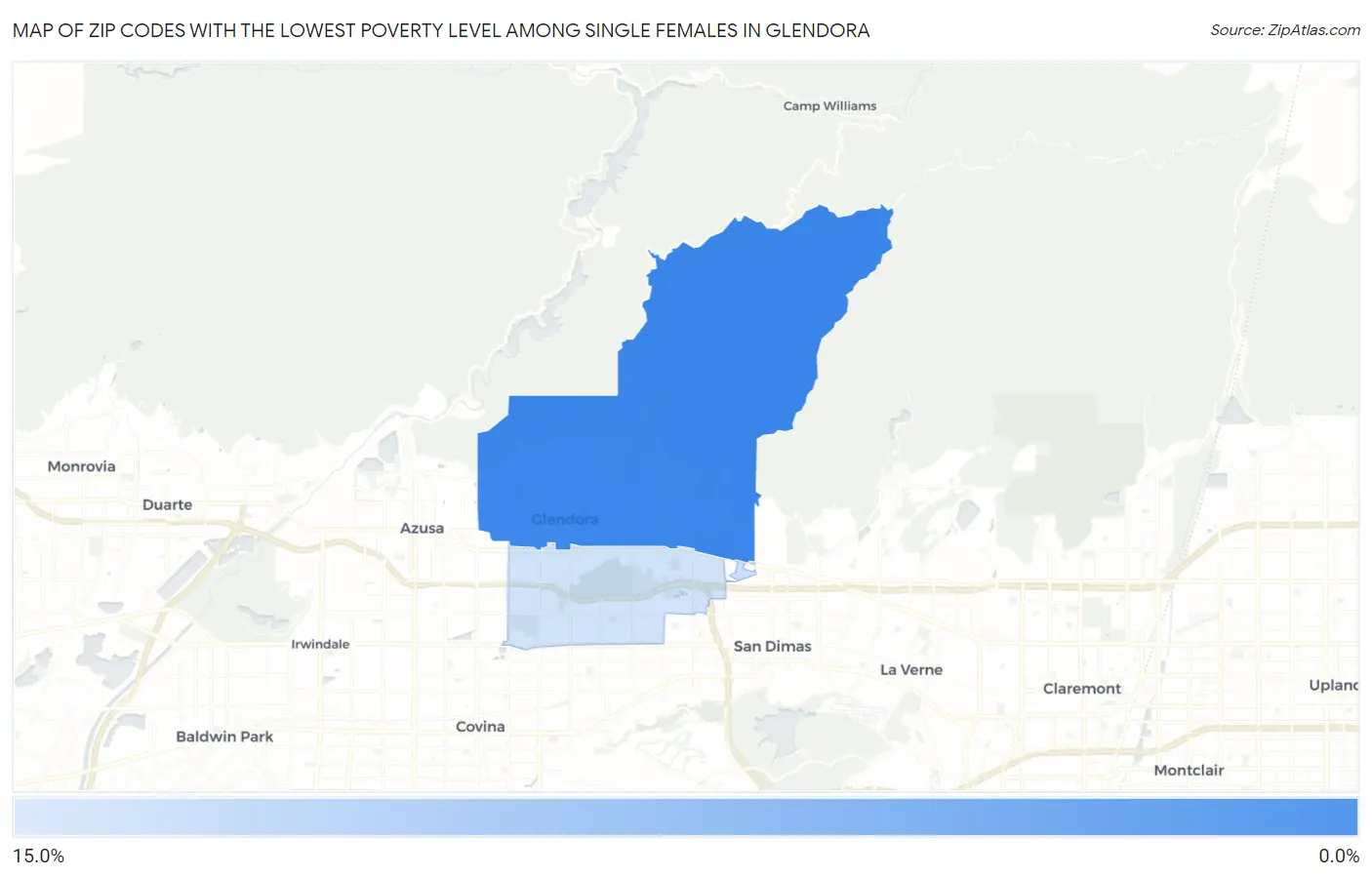 Zip Codes with the Lowest Poverty Level Among Single Females in Glendora Map