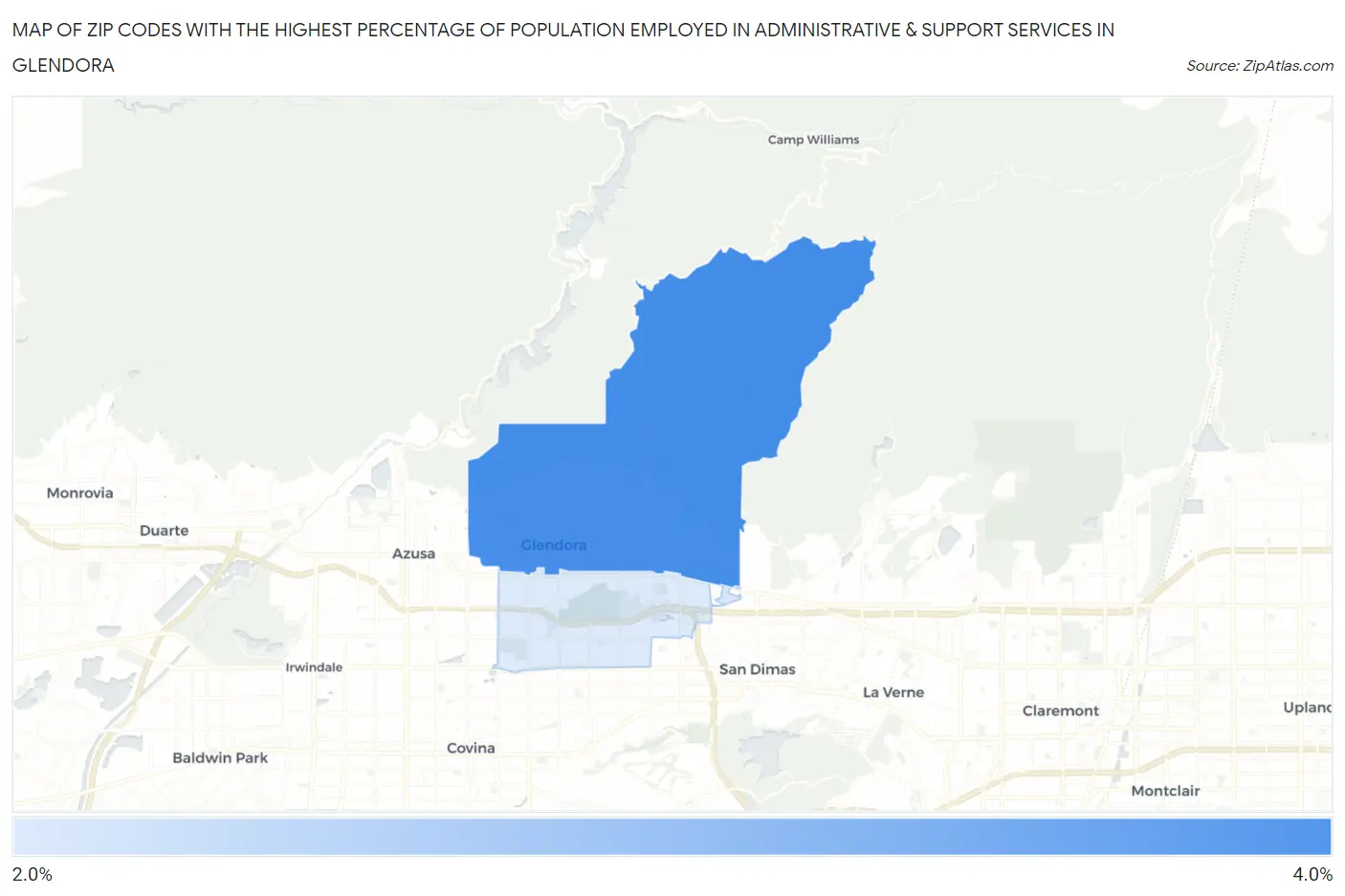 Zip Codes with the Highest Percentage of Population Employed in Administrative & Support Services in Glendora Map