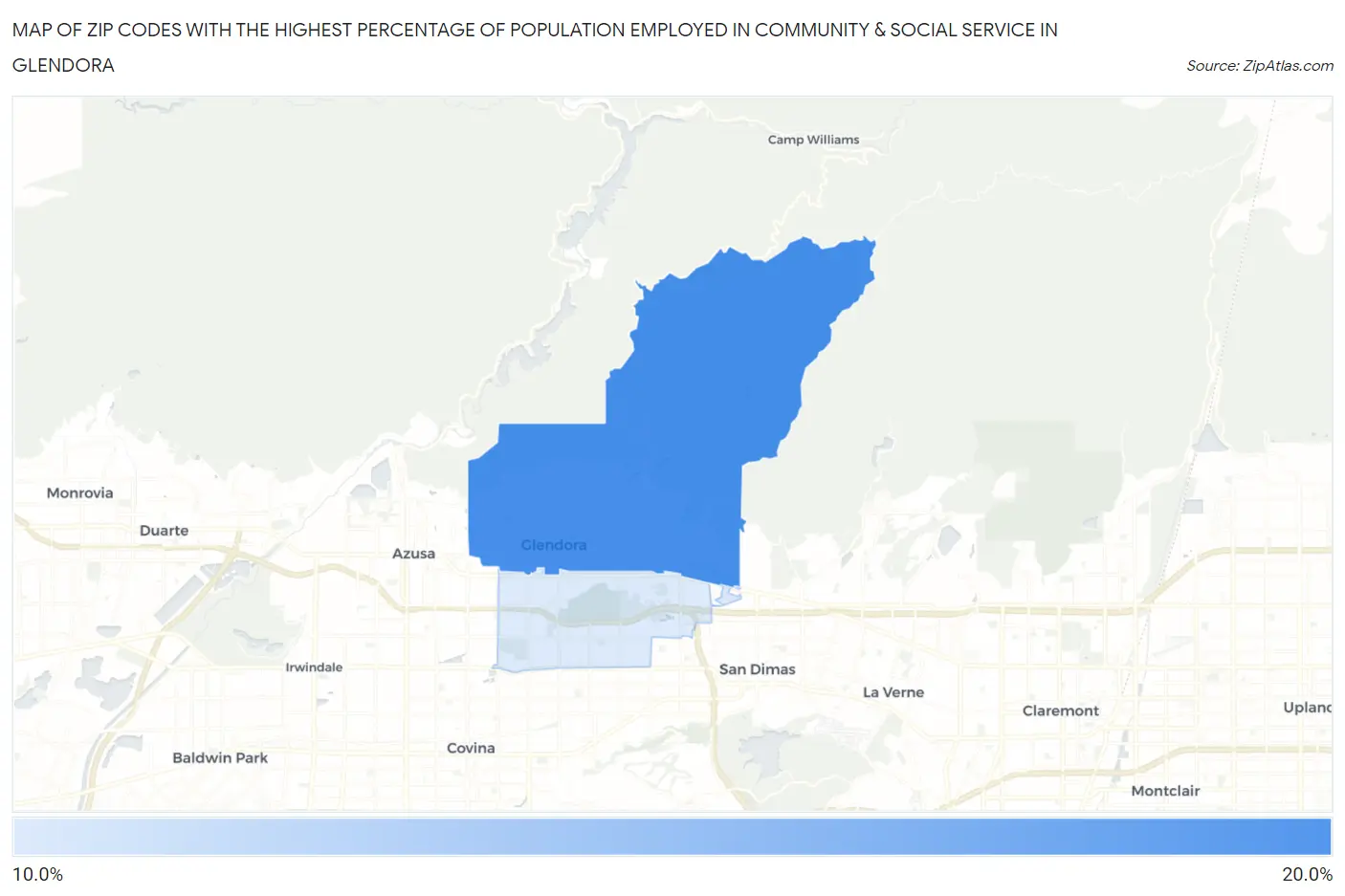 Zip Codes with the Highest Percentage of Population Employed in Community & Social Service  in Glendora Map
