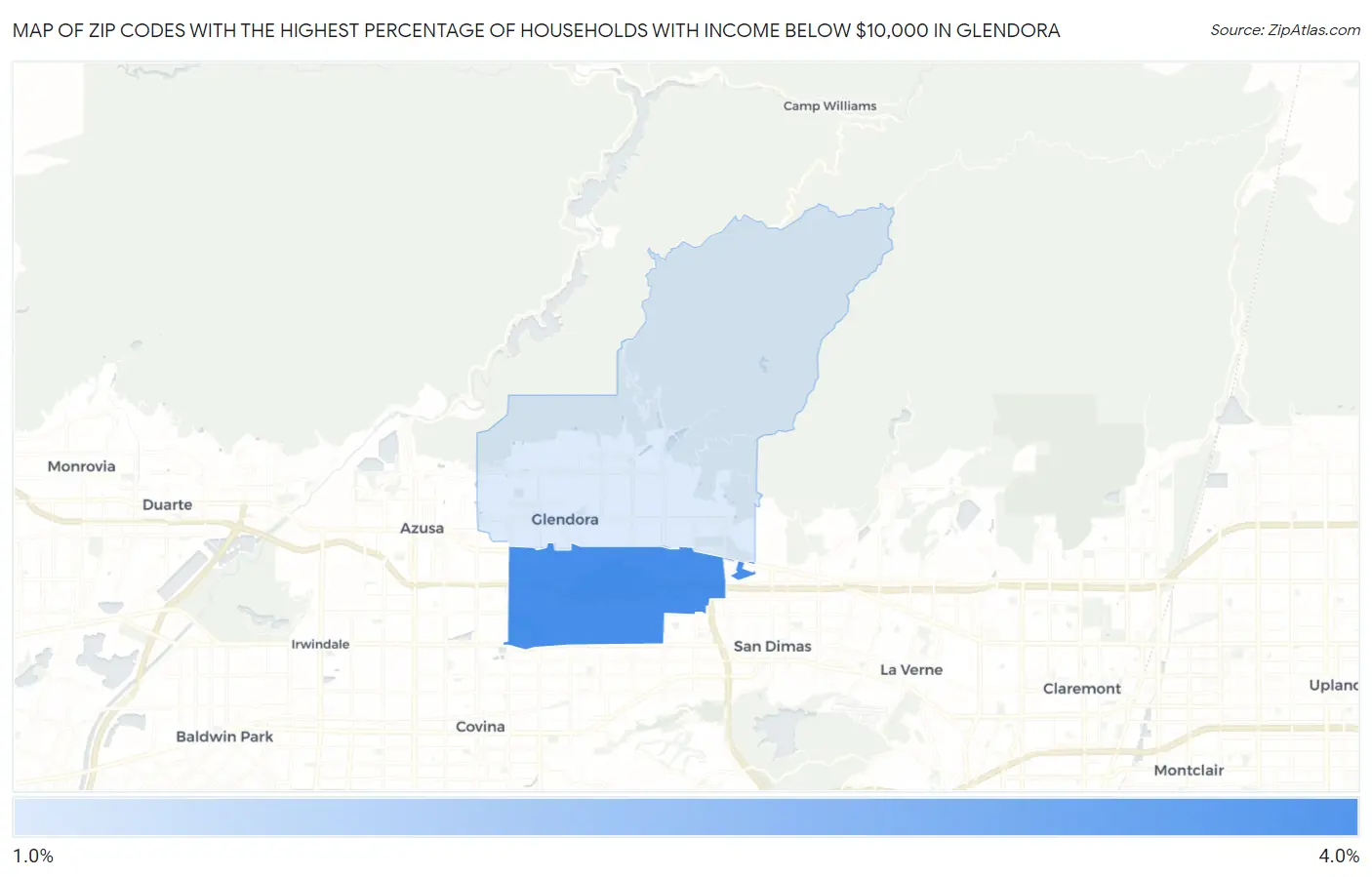 Zip Codes with the Highest Percentage of Households with Income Below $10,000 in Glendora Map