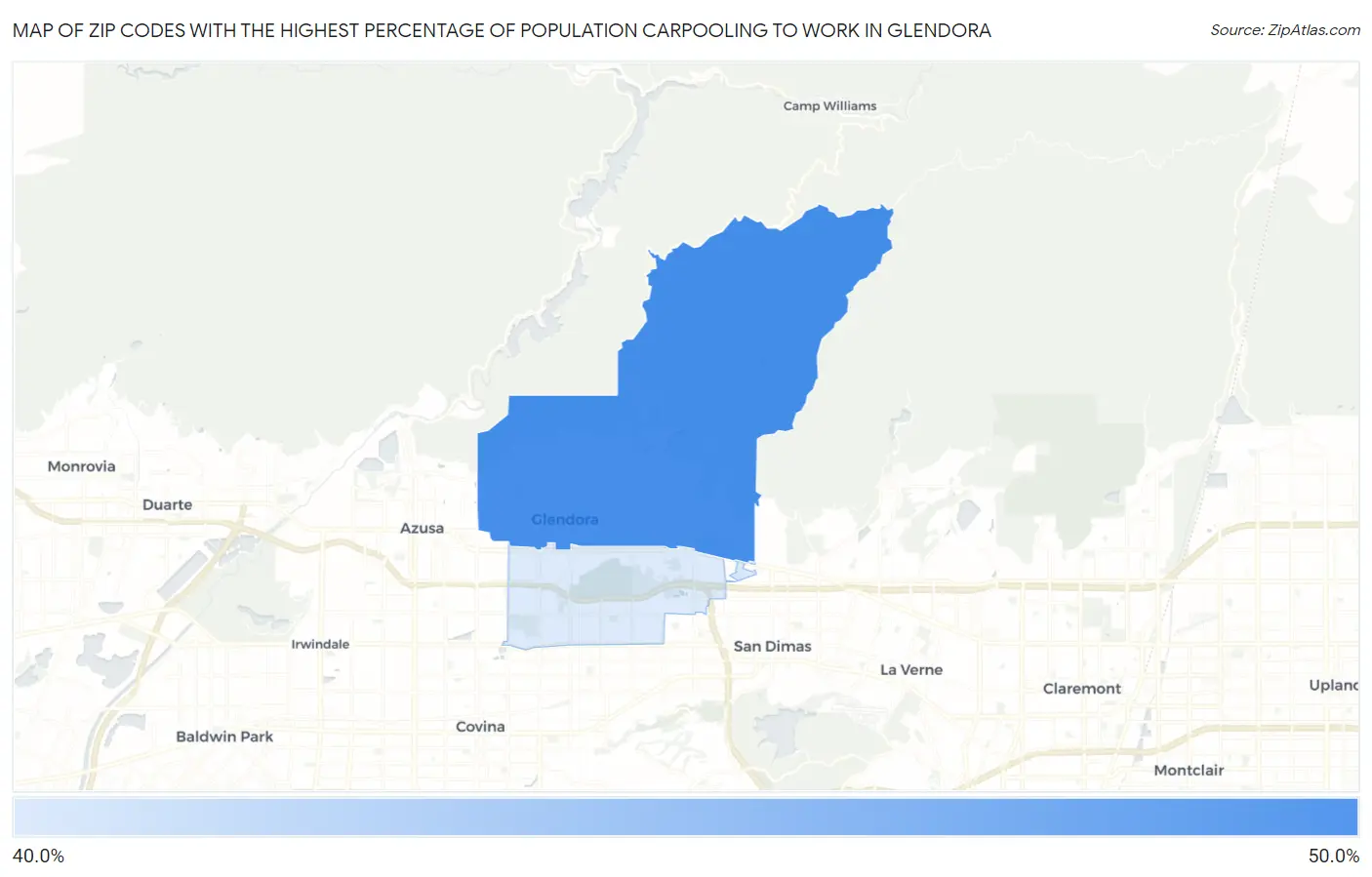 Zip Codes with the Highest Percentage of Population Carpooling to Work in Glendora Map