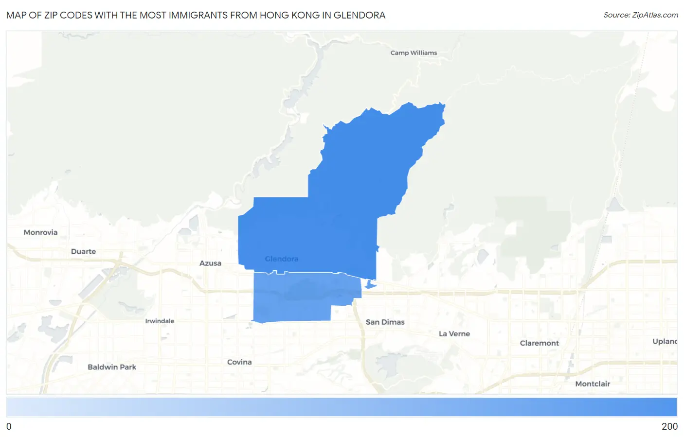 Zip Codes with the Most Immigrants from Hong Kong in Glendora Map