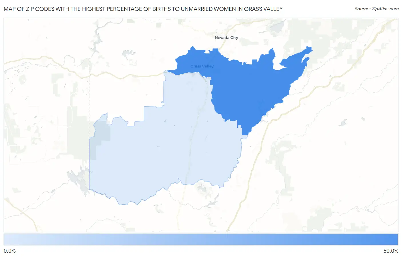 Zip Codes with the Highest Percentage of Births to Unmarried Women in Grass Valley Map
