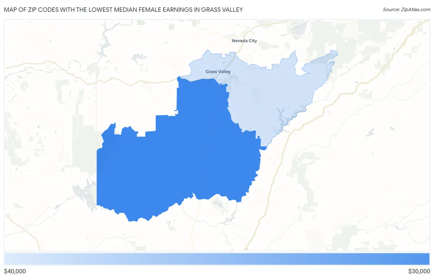 Zip Codes with the Lowest Median Female Earnings in Grass Valley Map