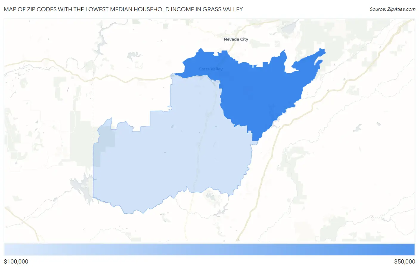 Zip Codes with the Lowest Median Household Income in Grass Valley Map