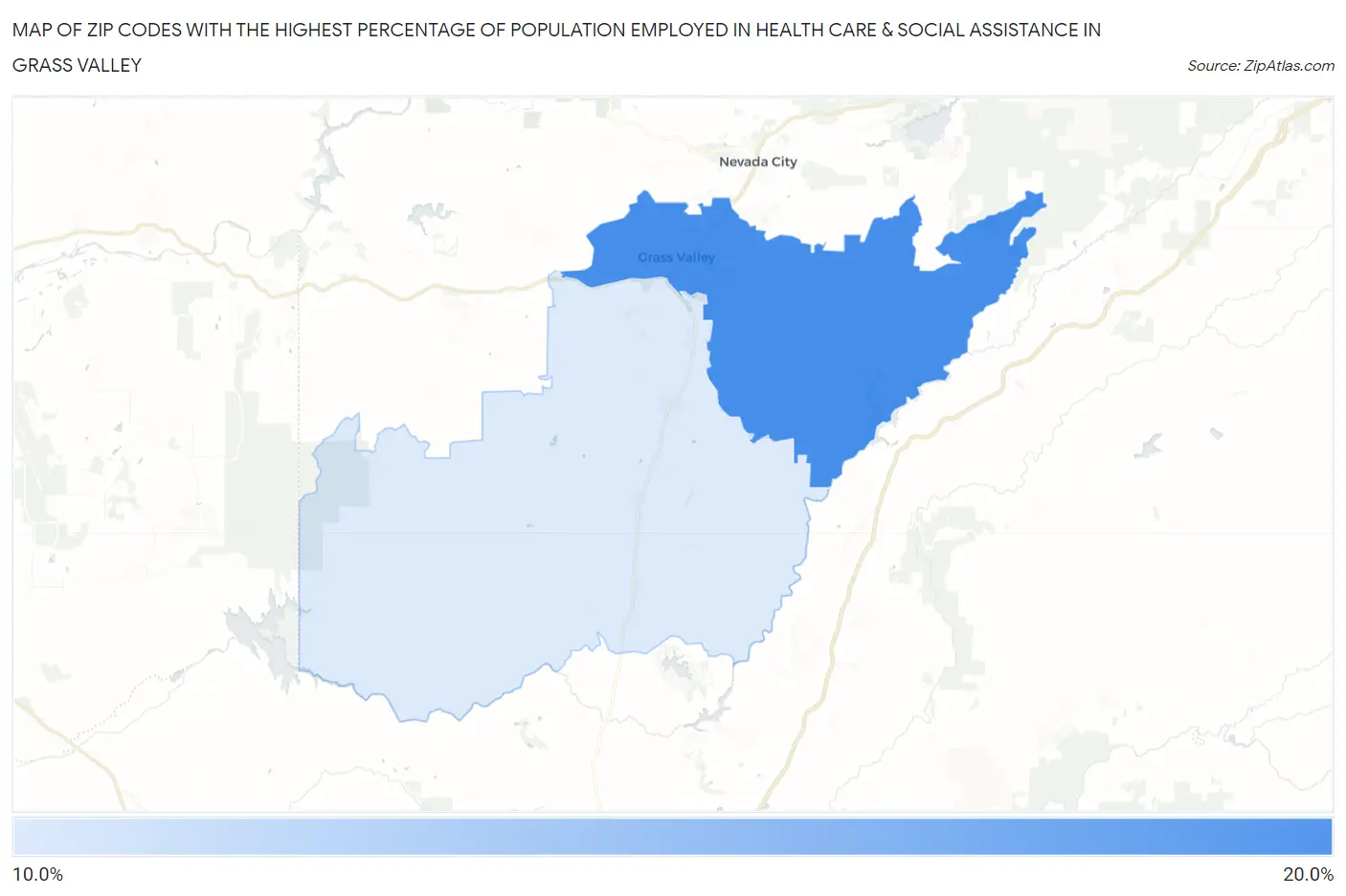 Zip Codes with the Highest Percentage of Population Employed in Health Care & Social Assistance in Grass Valley Map