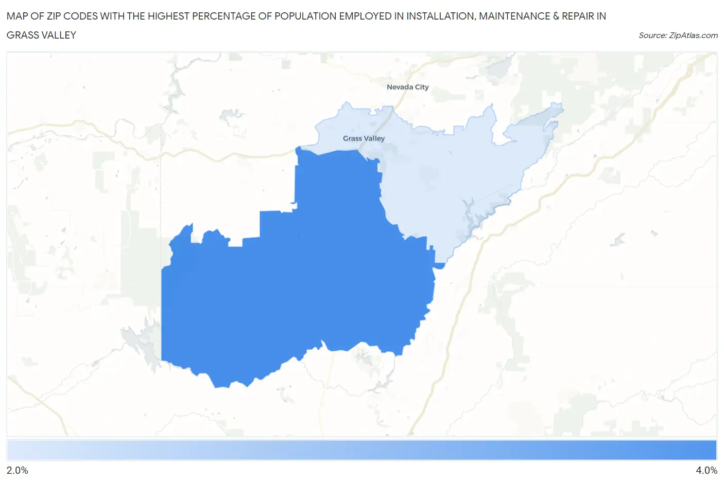 Zip Codes with the Highest Percentage of Population Employed in Installation, Maintenance & Repair in Grass Valley Map