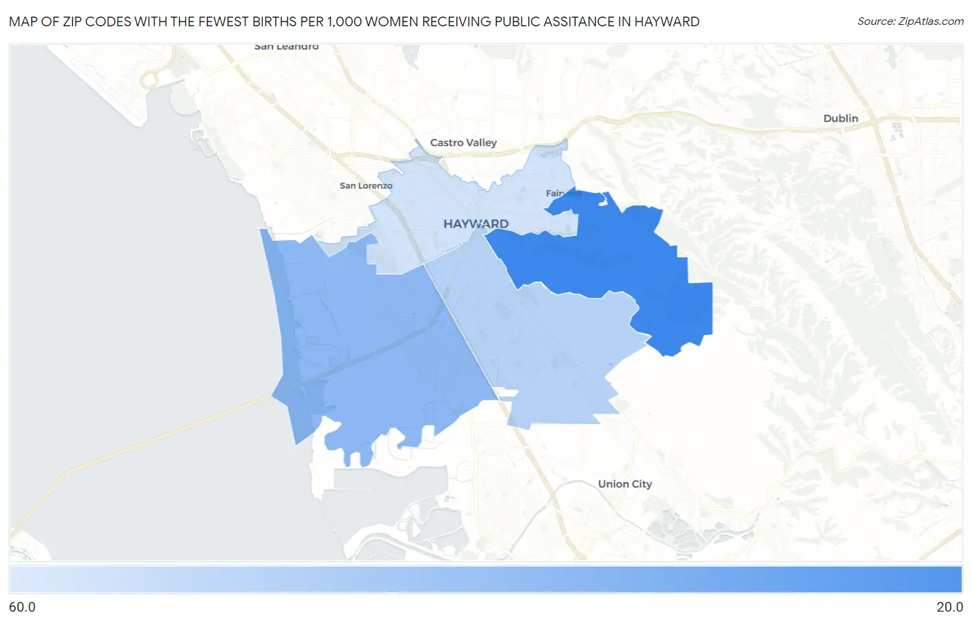 Zip Codes with the Fewest Births per 1,000 Women Receiving Public Assitance in Hayward Map