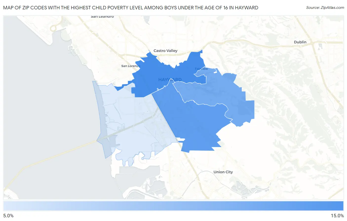 Zip Codes with the Highest Child Poverty Level Among Boys Under the Age of 16 in Hayward Map