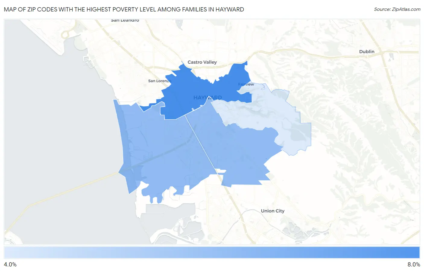 Zip Codes with the Highest Poverty Level Among Families in Hayward Map