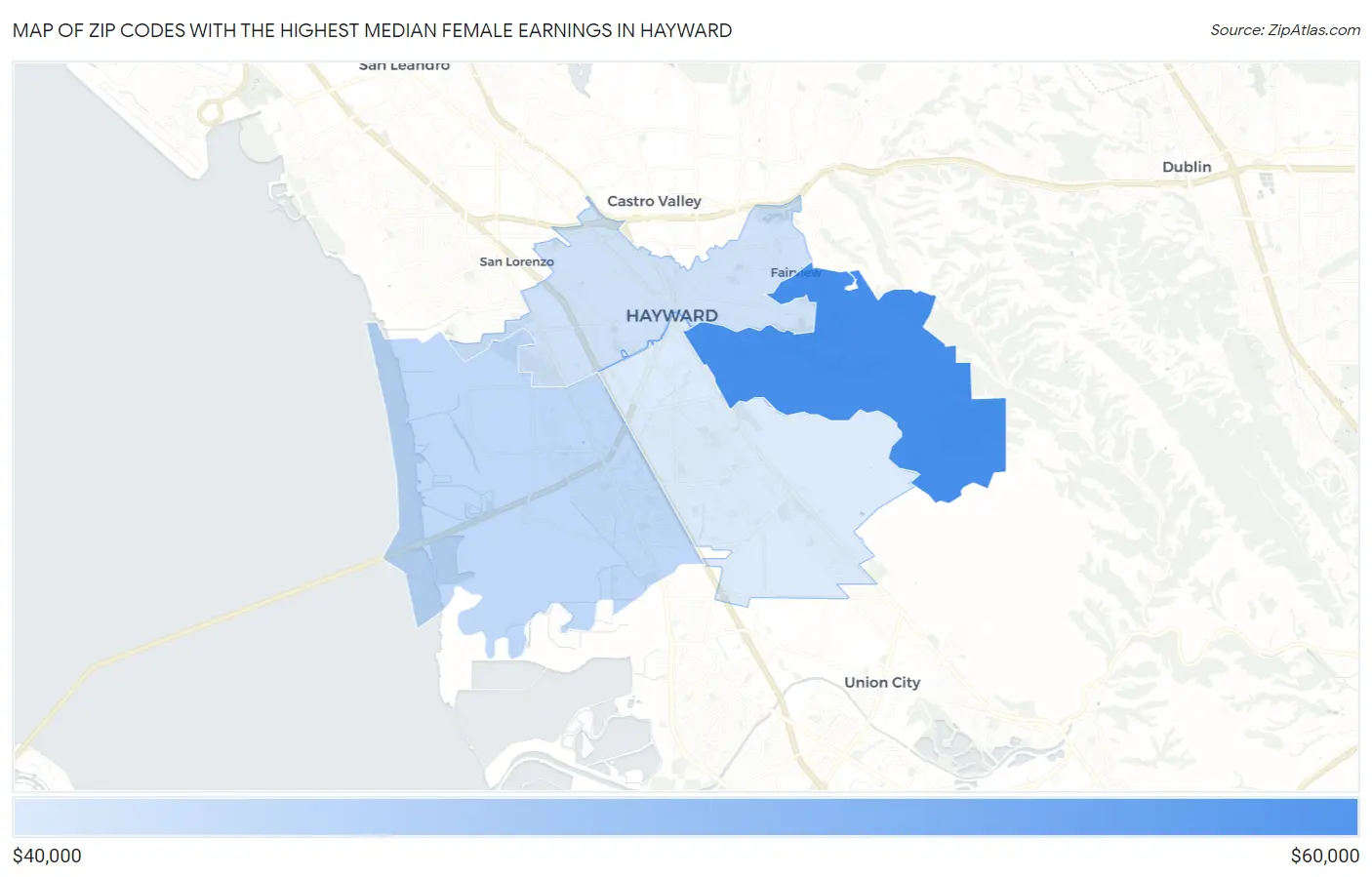 Zip Codes with the Highest Median Female Earnings in Hayward Map