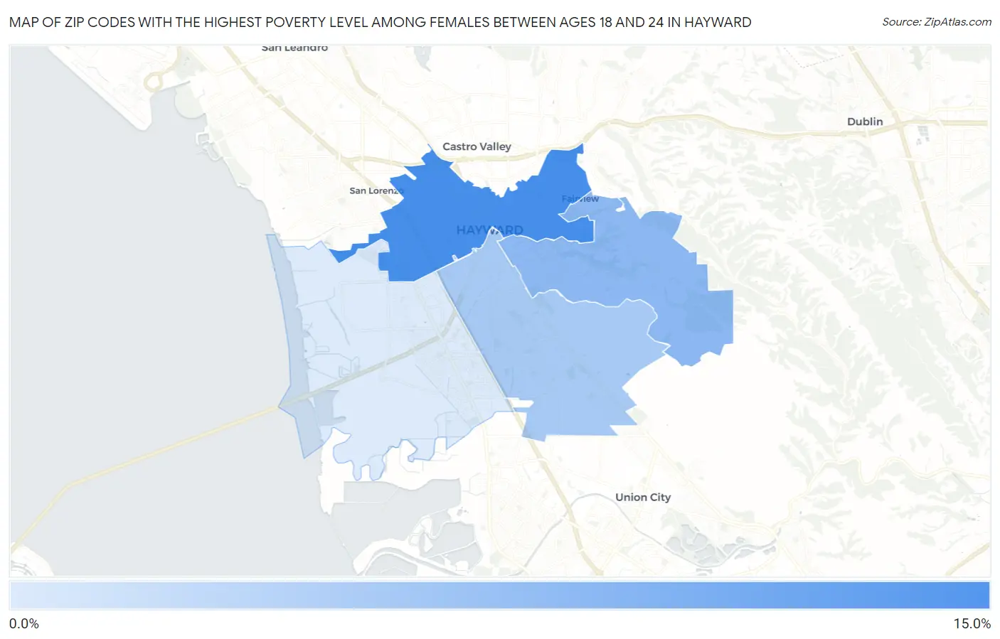 Zip Codes with the Highest Poverty Level Among Females Between Ages 18 and 24 in Hayward Map