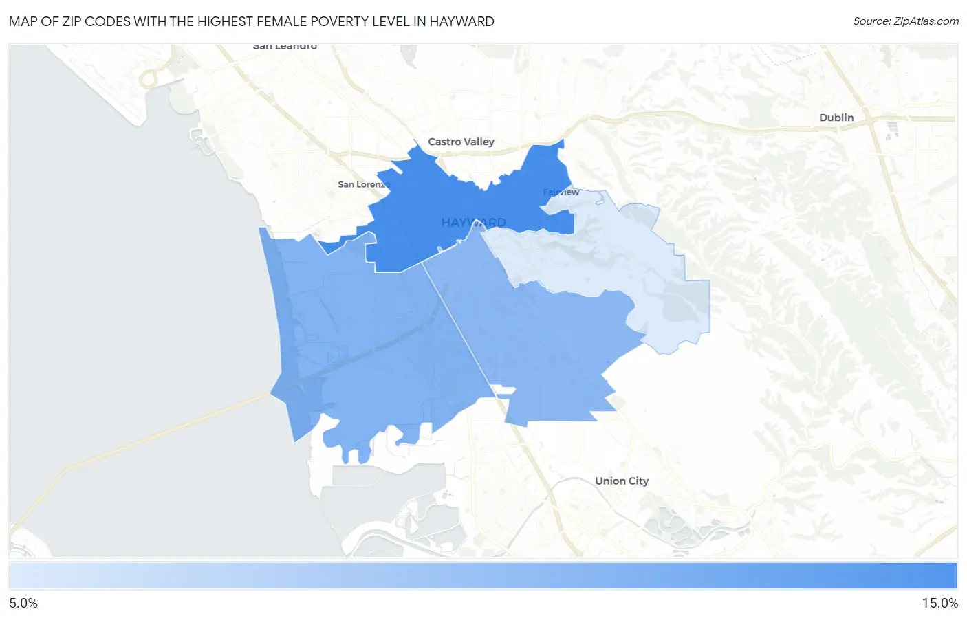 Zip Codes with the Highest Female Poverty Level in Hayward Map