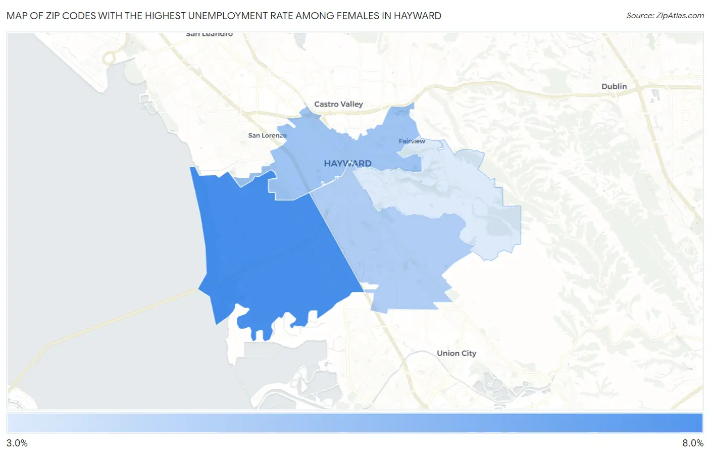 Zip Codes with the Highest Unemployment Rate Among Females in Hayward Map