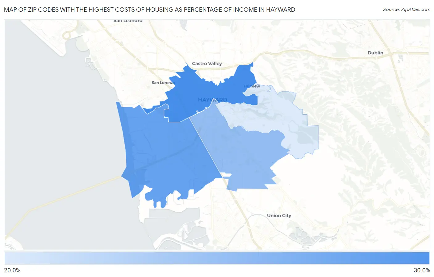 Zip Codes with the Highest Costs of Housing as Percentage of Income in Hayward Map
