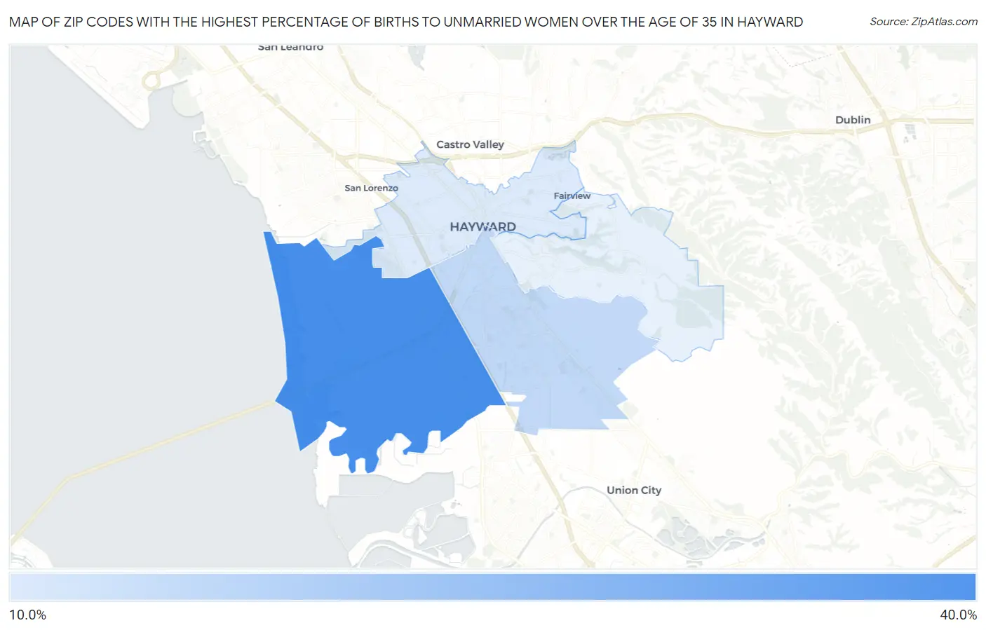 Zip Codes with the Highest Percentage of Births to Unmarried Women over the Age of 35 in Hayward Map