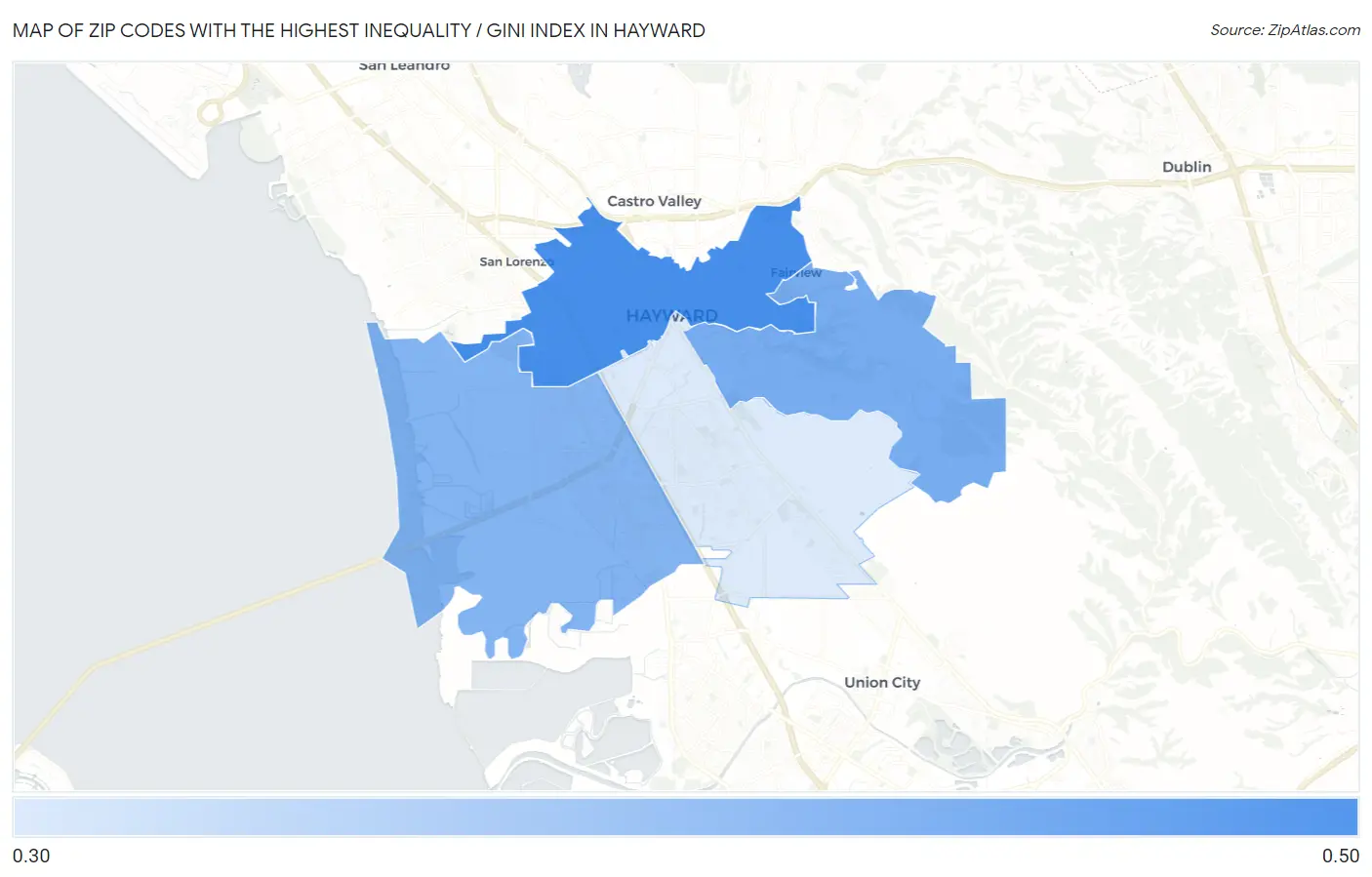 Zip Codes with the Highest Inequality / Gini Index in Hayward Map