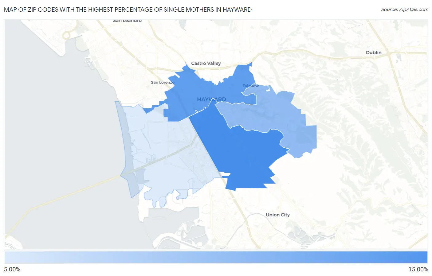 Zip Codes with the Highest Percentage of Single Mothers in Hayward Map