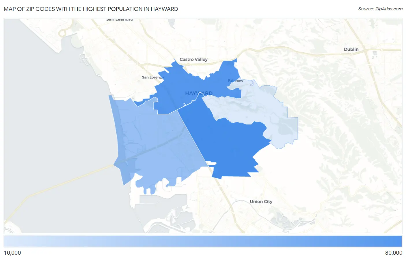 Zip Codes with the Highest Population in Hayward Map