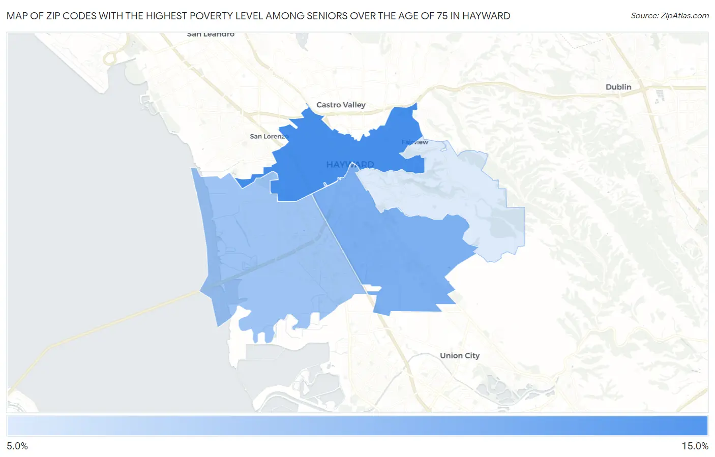 Zip Codes with the Highest Poverty Level Among Seniors Over the Age of 75 in Hayward Map