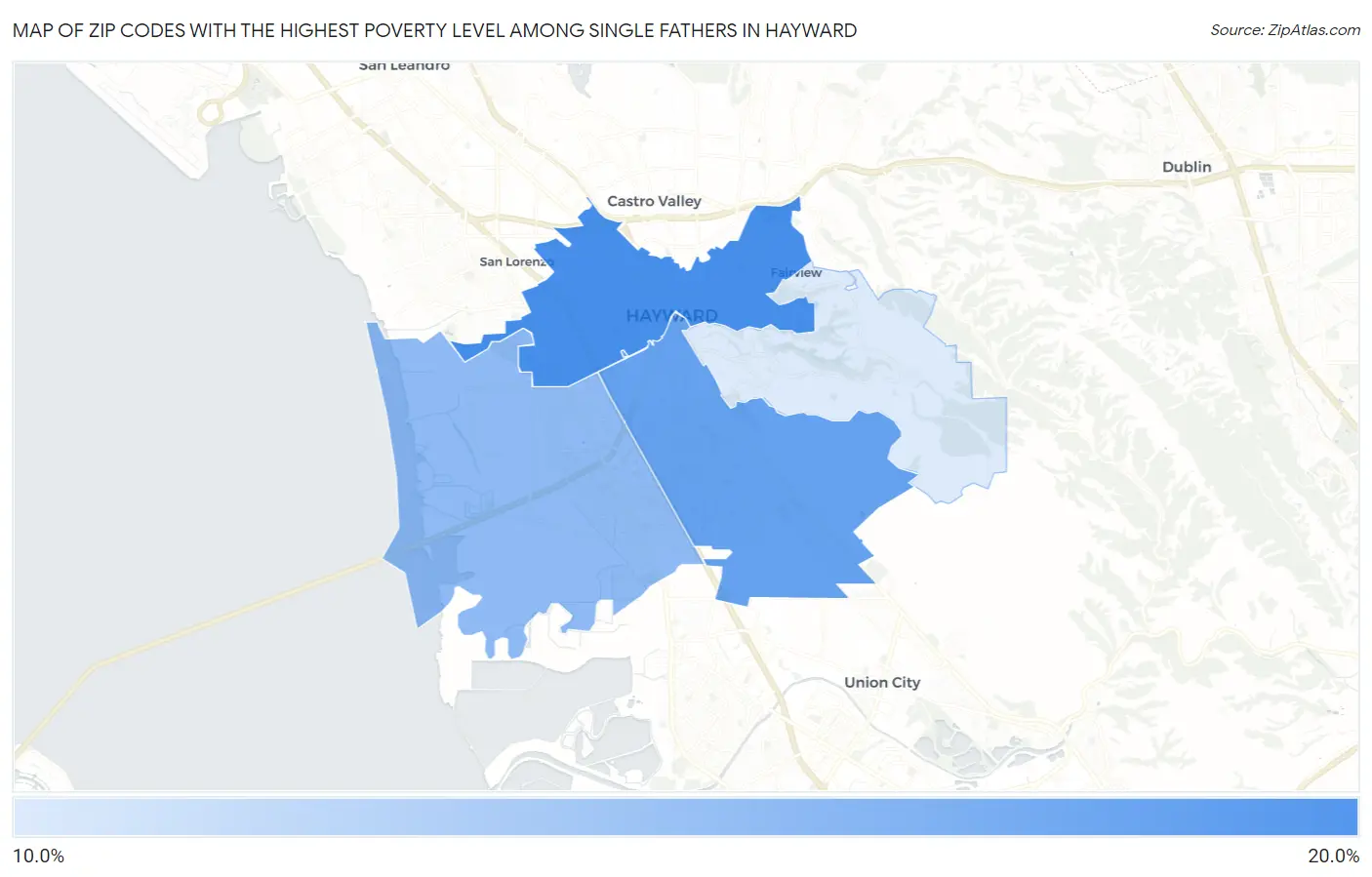 Zip Codes with the Highest Poverty Level Among Single Fathers in Hayward Map