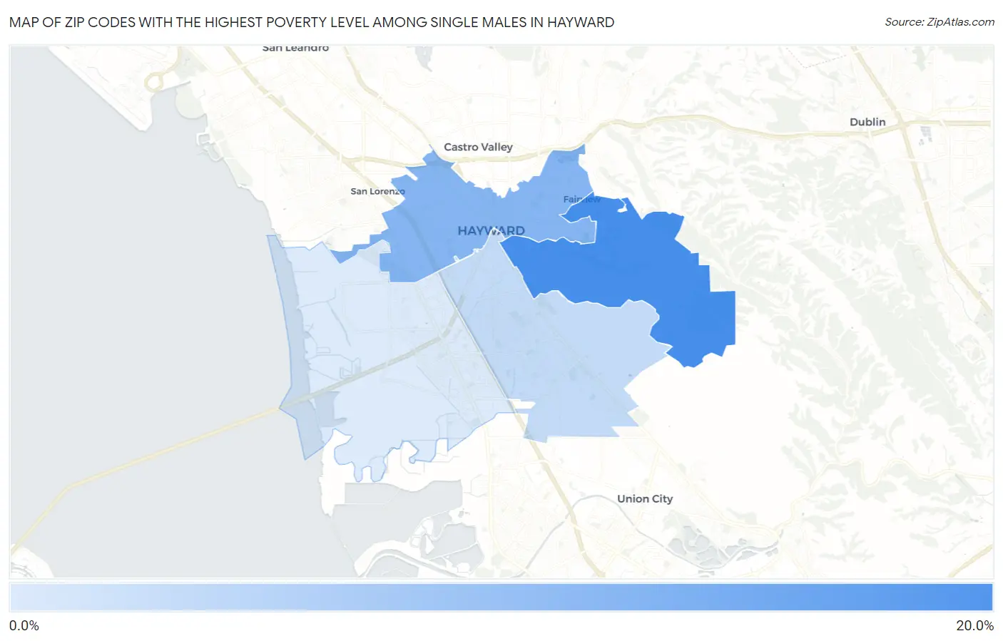 Zip Codes with the Highest Poverty Level Among Single Males in Hayward Map