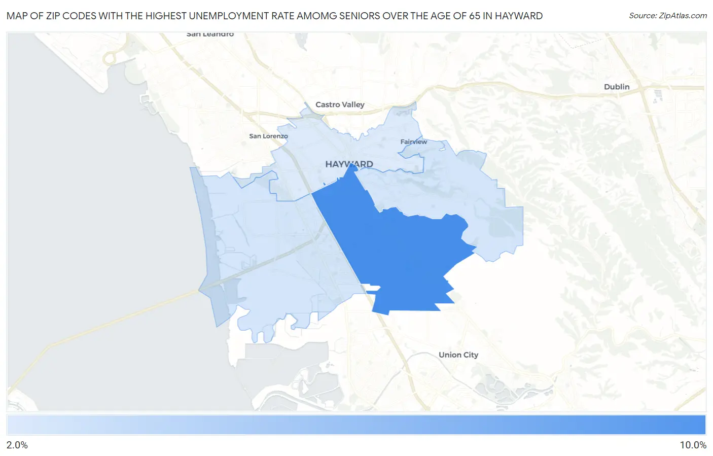 Zip Codes with the Highest Unemployment Rate Amomg Seniors Over the Age of 65 in Hayward Map