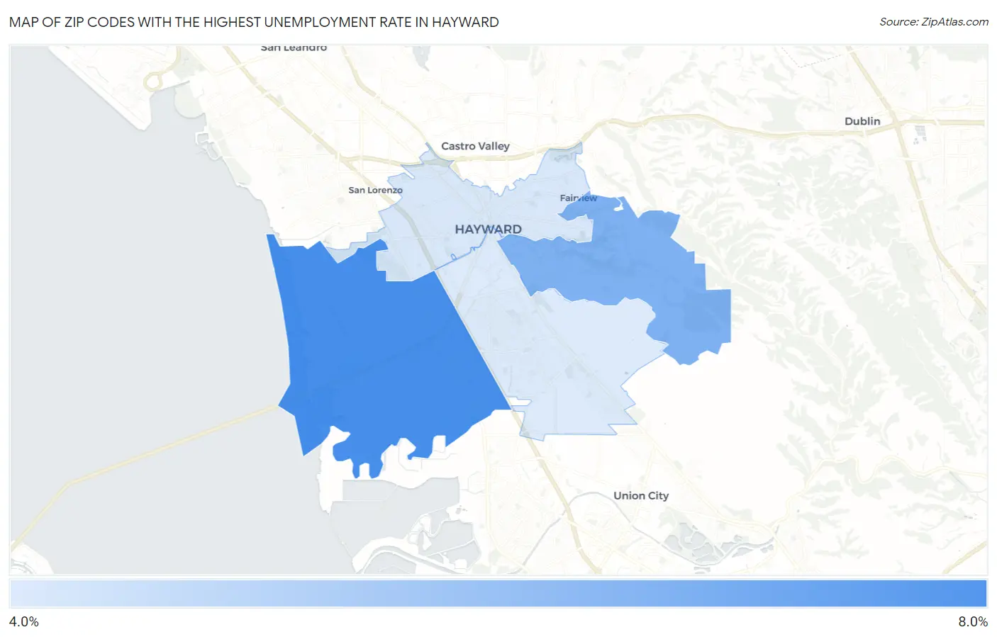 Zip Codes with the Highest Unemployment Rate in Hayward Map