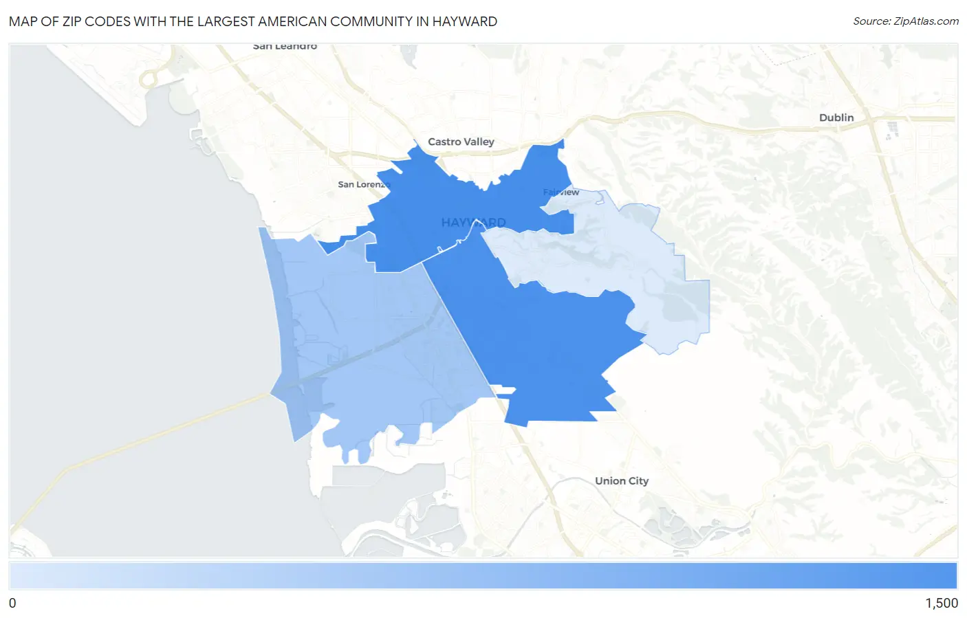 Zip Codes with the Largest American Community in Hayward Map