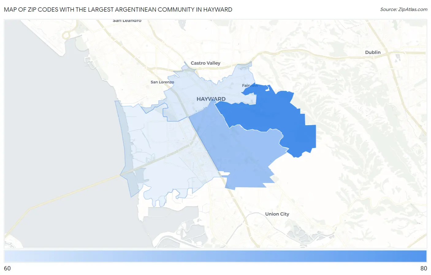 Zip Codes with the Largest Argentinean Community in Hayward Map