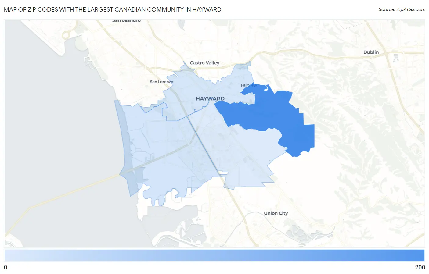 Zip Codes with the Largest Canadian Community in Hayward Map