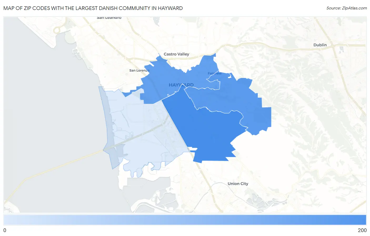 Zip Codes with the Largest Danish Community in Hayward Map