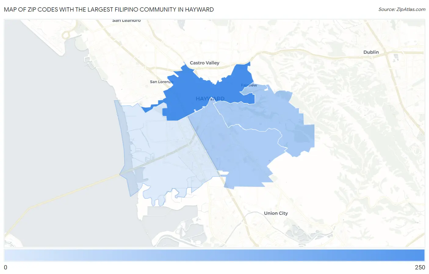 Zip Codes with the Largest Filipino Community in Hayward Map
