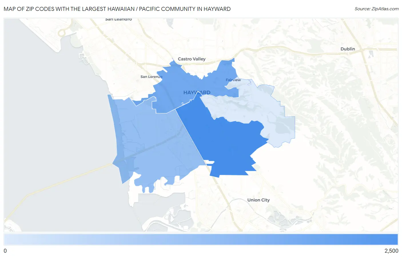 Zip Codes with the Largest Hawaiian / Pacific Community in Hayward Map