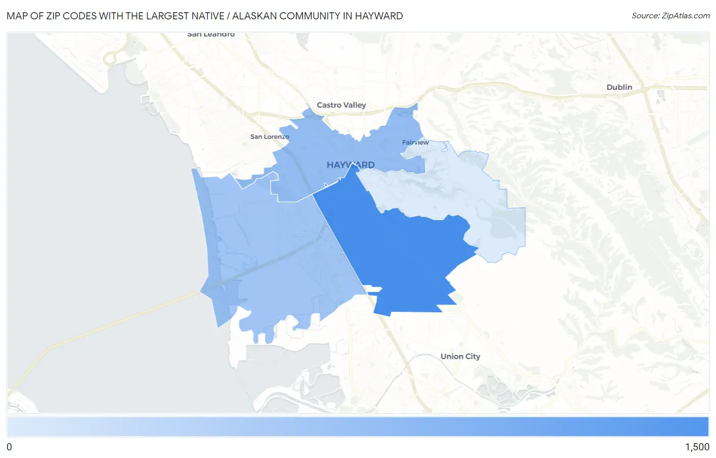 Zip Codes with the Largest Native / Alaskan Community in Hayward Map