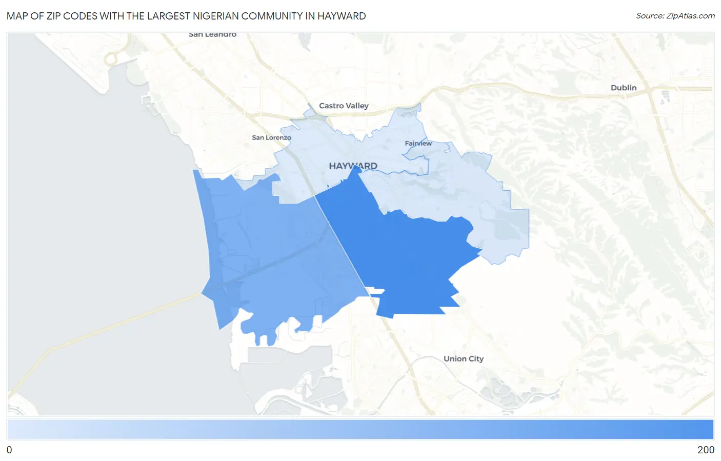 Zip Codes with the Largest Nigerian Community in Hayward Map