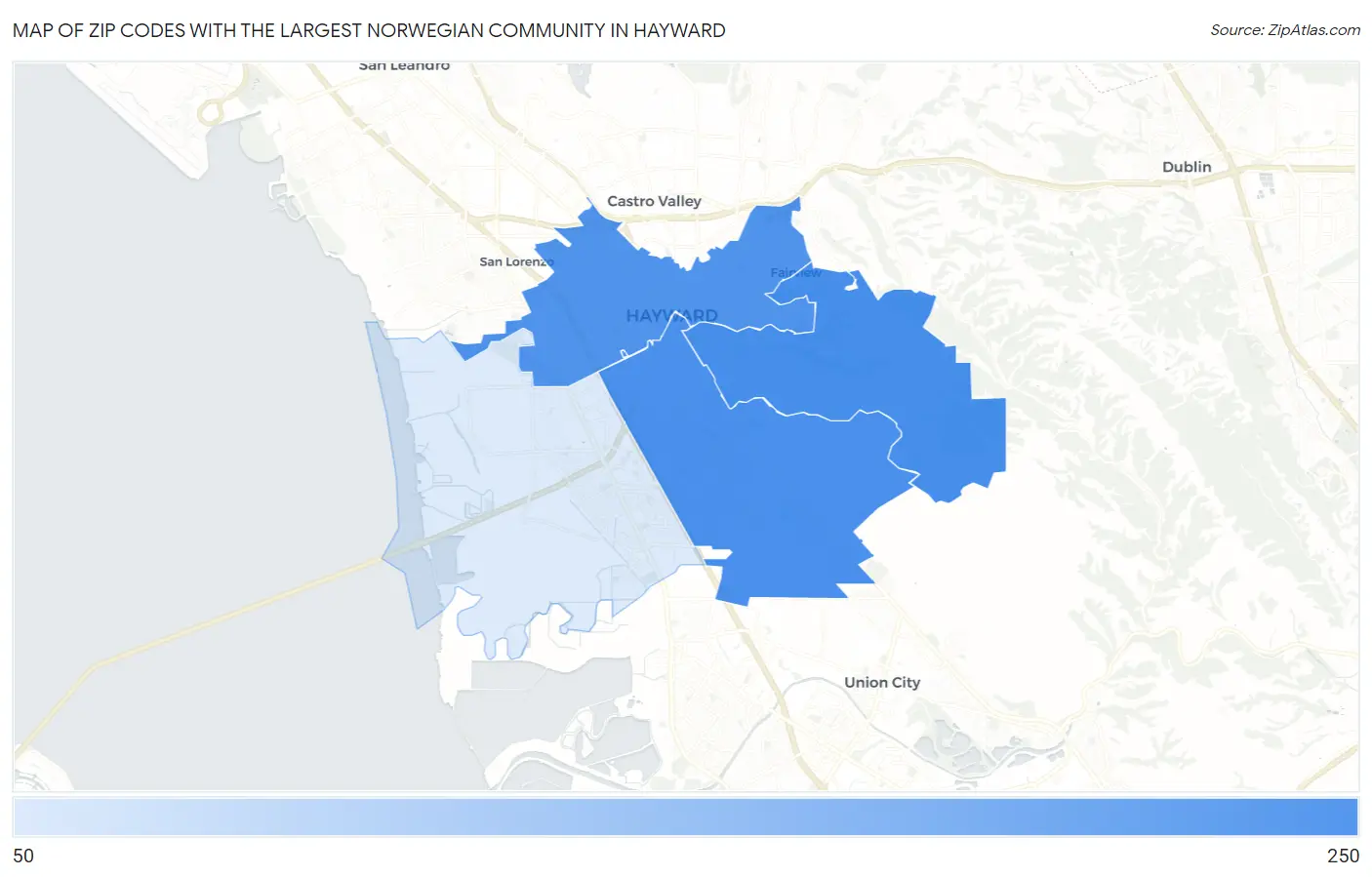 Zip Codes with the Largest Norwegian Community in Hayward Map