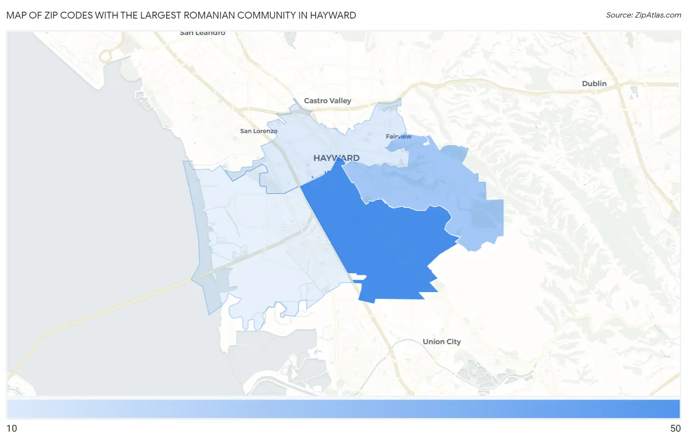 Zip Codes with the Largest Romanian Community in Hayward Map