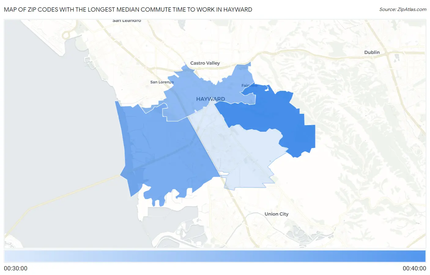 Zip Codes with the Longest Median Commute Time to Work in Hayward Map
