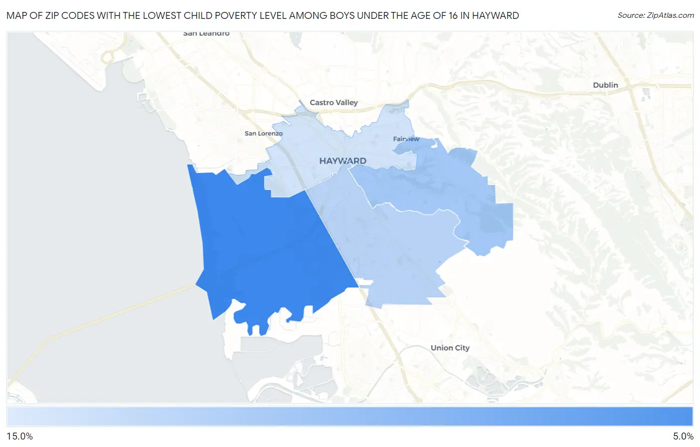 Zip Codes with the Lowest Child Poverty Level Among Boys Under the Age of 16 in Hayward Map