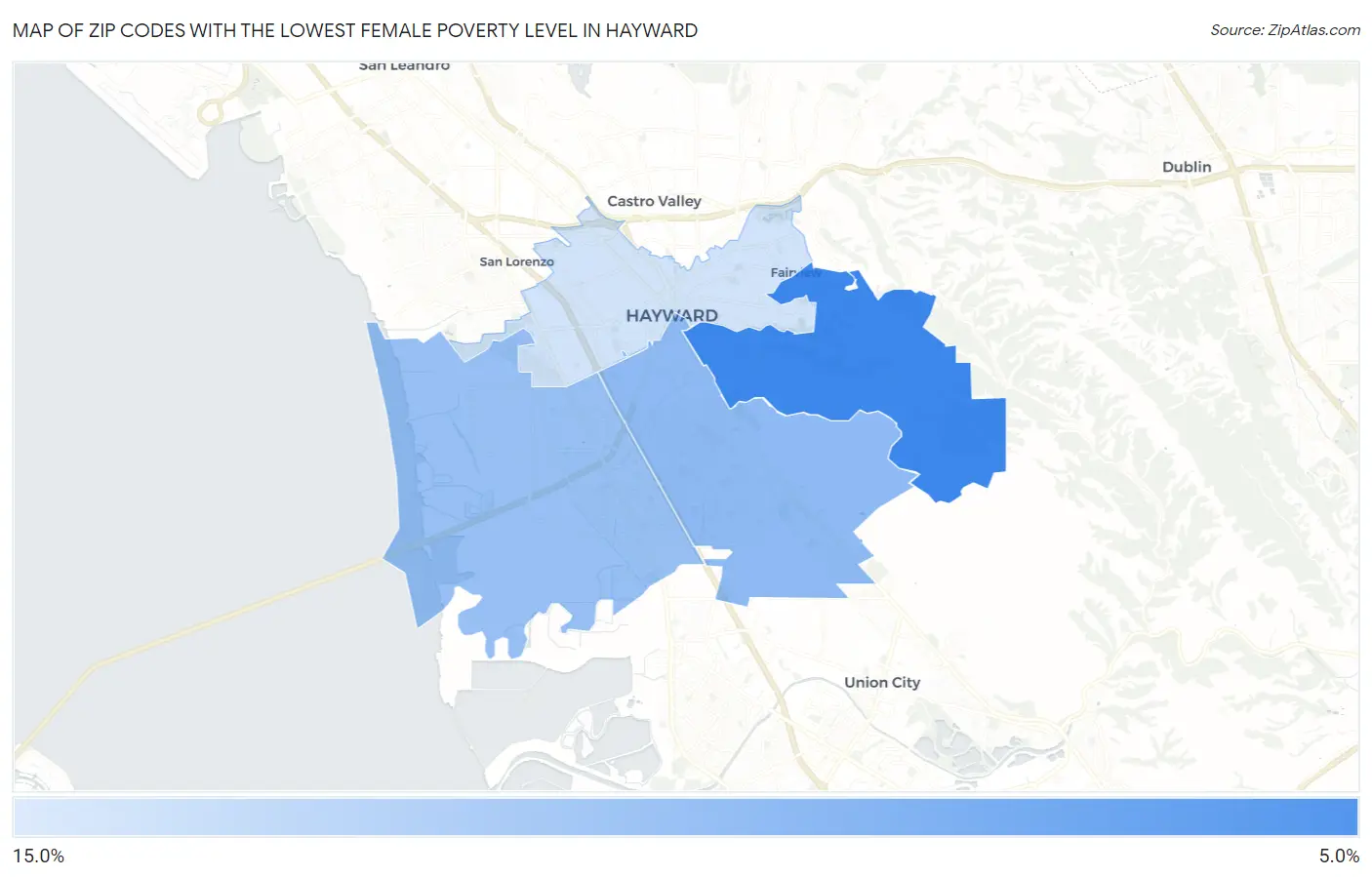 Zip Codes with the Lowest Female Poverty Level in Hayward Map