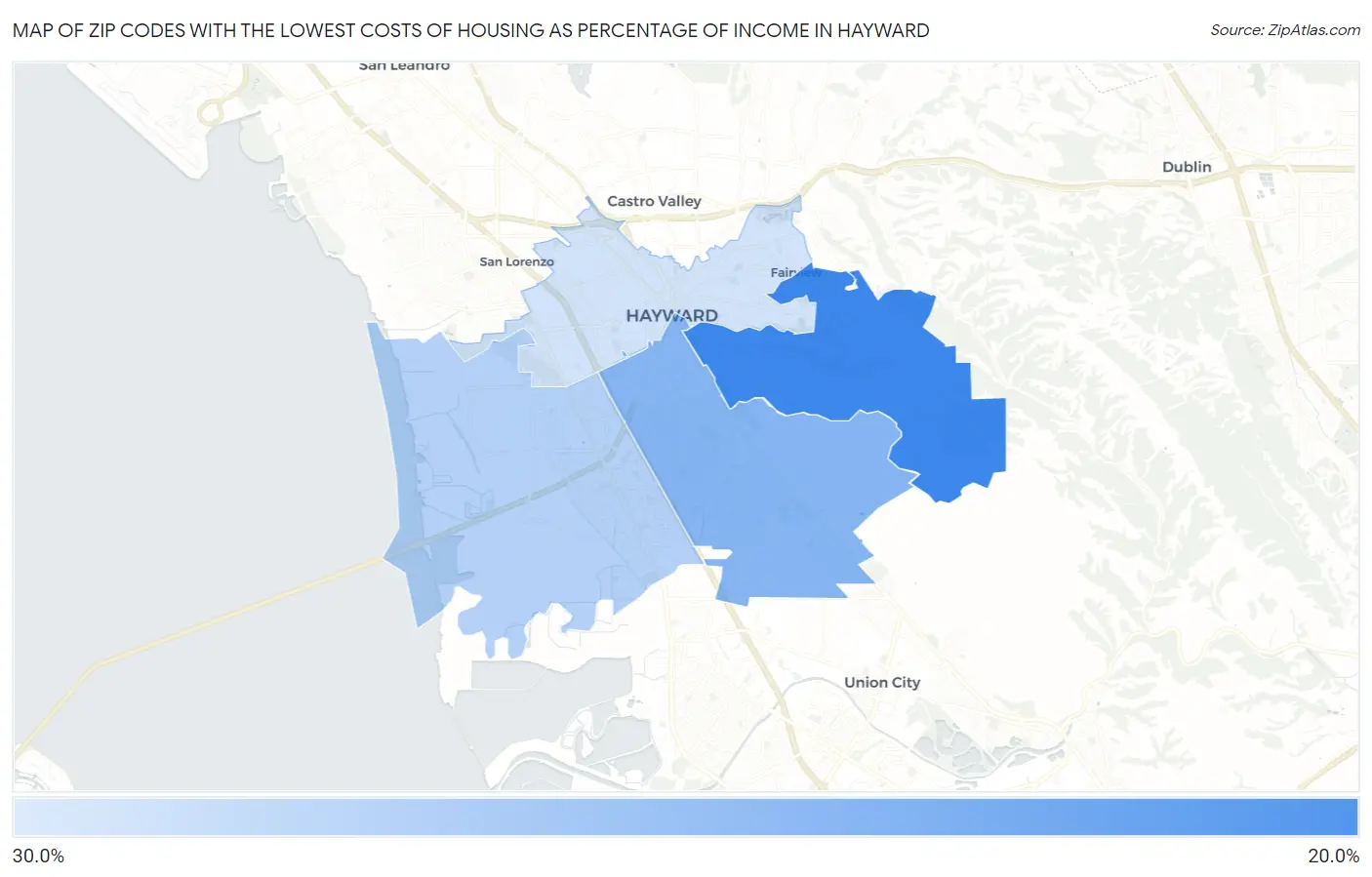 Zip Codes with the Lowest Costs of Housing as Percentage of Income in Hayward Map